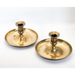 Vintage Brass Candlestick Holders Pair Low Profile Chamberstick Taper Holders